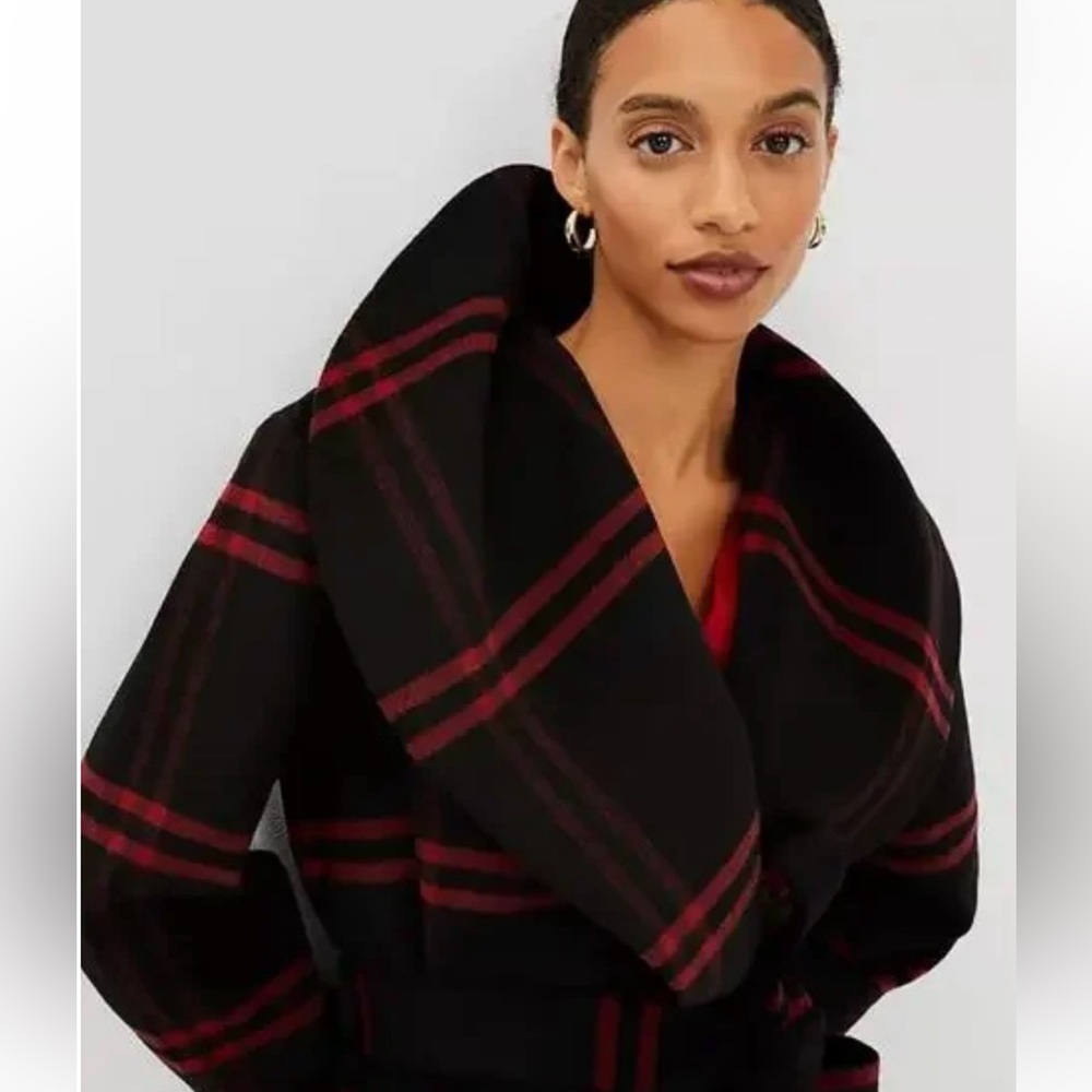 Ann Taylor Wool Blend Plaid Long Coat -Black Gray Red New Medium